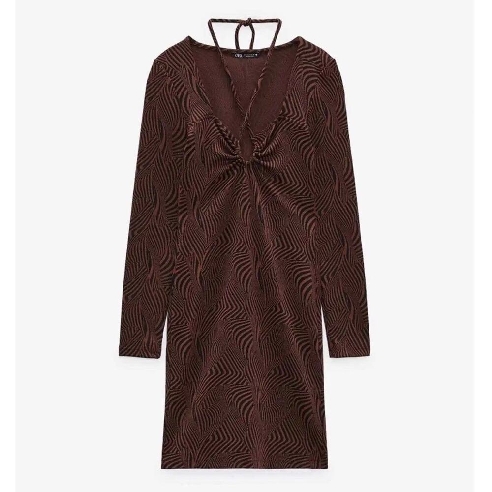 Zara Brown & Black Animal Print Long Sleeve Bodycon Mini Dress Size Small New